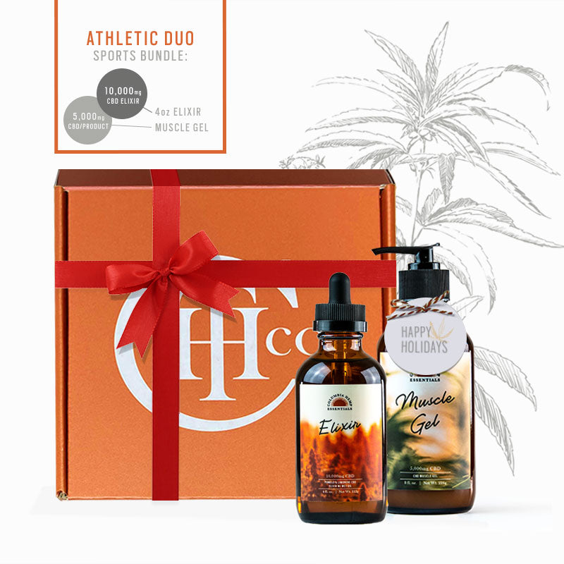 Athletic Duo is Columbia Hemp Essentials Sports Bundle containing a 4ox Elixir and CBD Muscle Gel